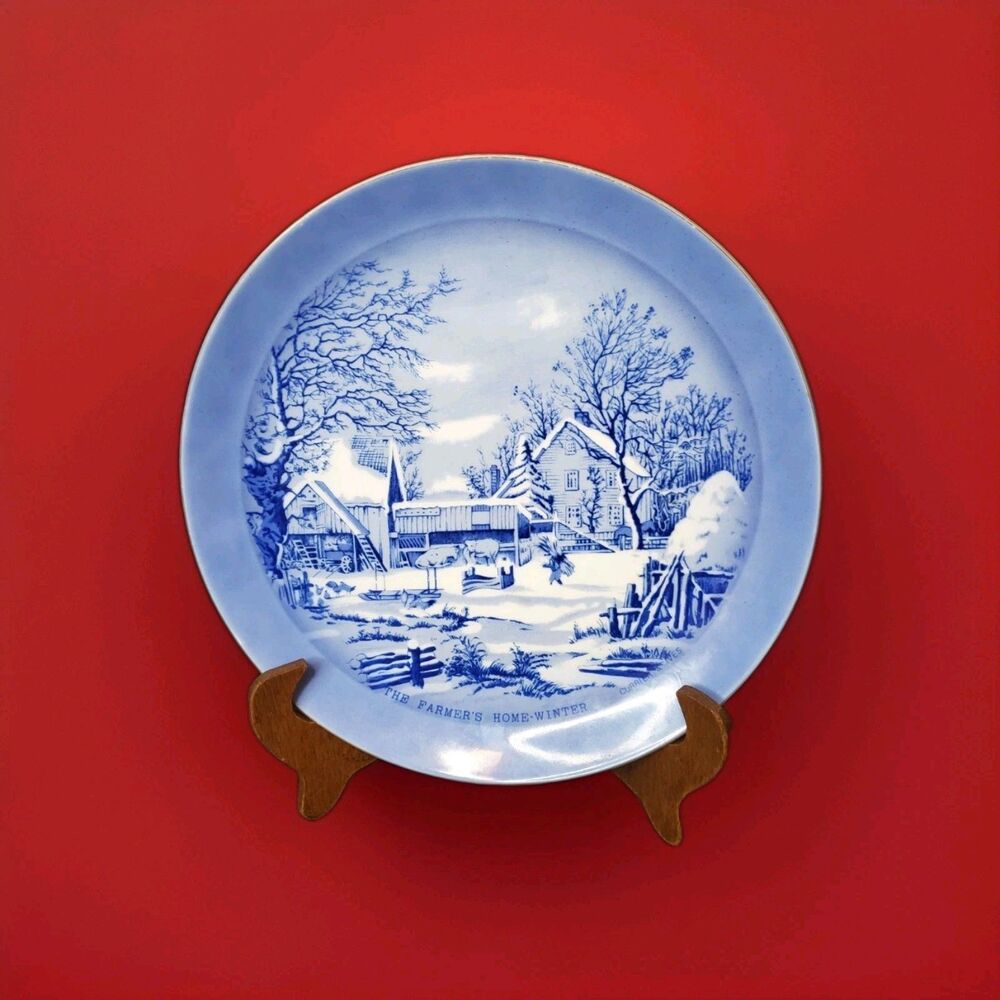 Currier & Ives Decorative Plate Farmer's Home Winter Blue White W/ Gold Trim